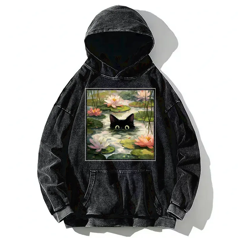 Tokyo-Tiger Black Cat and Lotus Flower Washed Hoodie