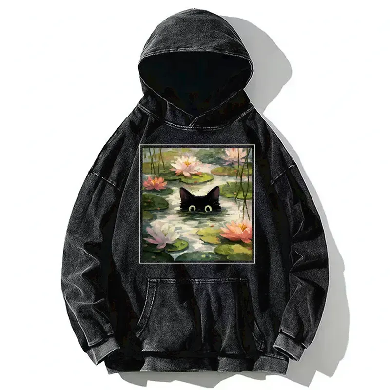 Tokyo-Tiger Black Cat and Lotus Flower Washed Hoodie