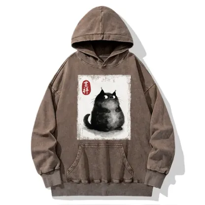 Tokyo-Tiger Auspicious Fluffy Black Cat Ink Painting Washed Hoodie