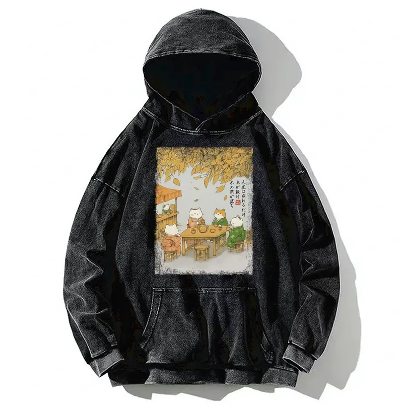 Tokyo-Tiger Cats Drinking Tea Under The Tree Washed Hoodie