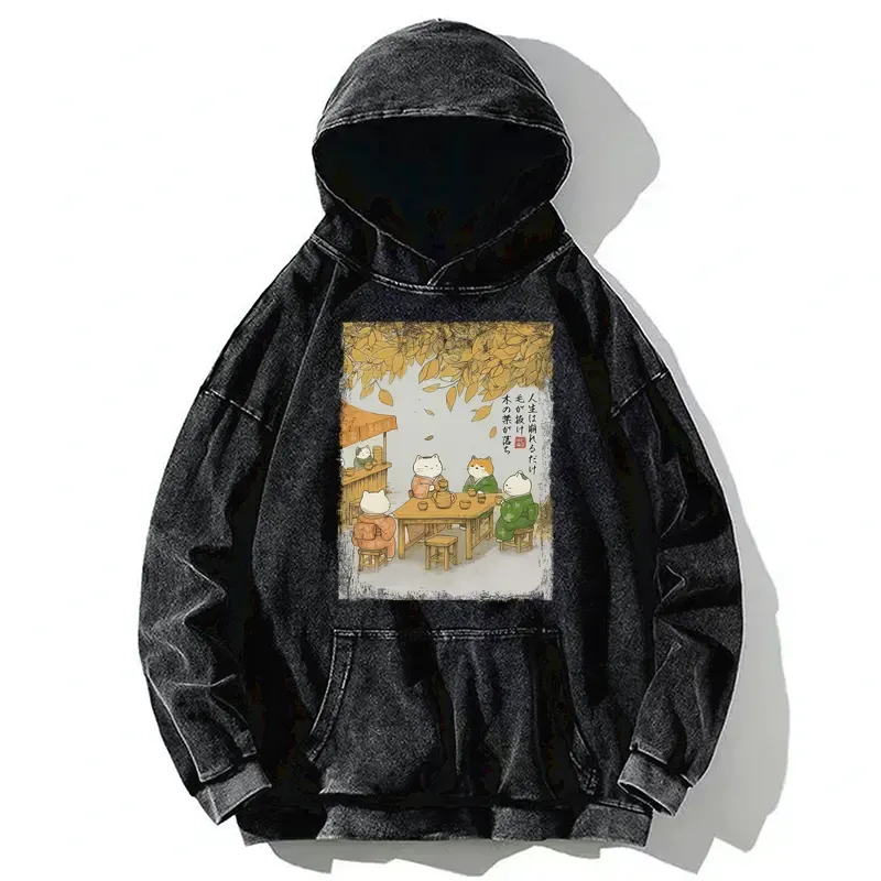 Tokyo-Tiger Cats Drinking Tea Under The Tree Washed Hoodie