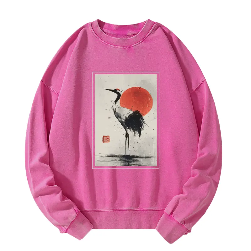 Tokyo-Tiger Retro Japanese Red-crowned Crane Washed Sweatshirt