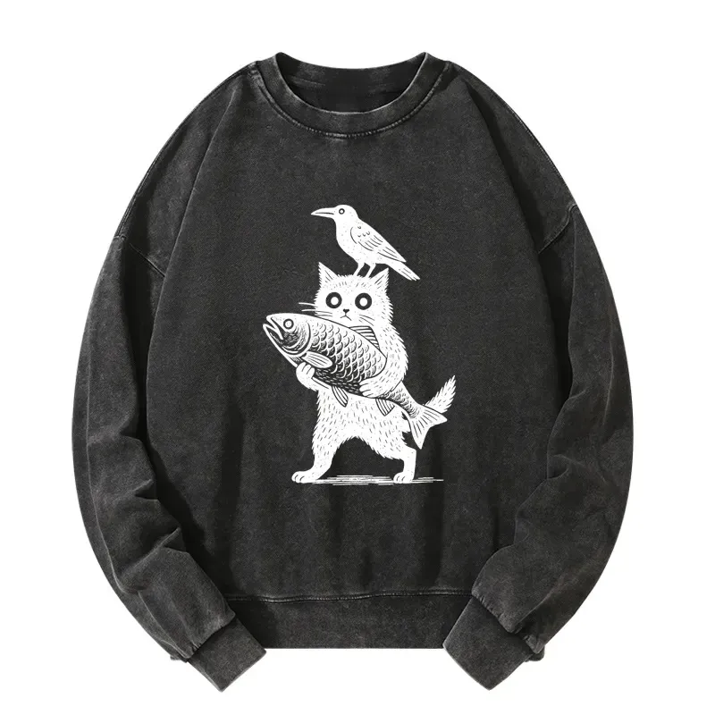 Tokyo-Tiger Black Animals Funny Washed Sweatshirt