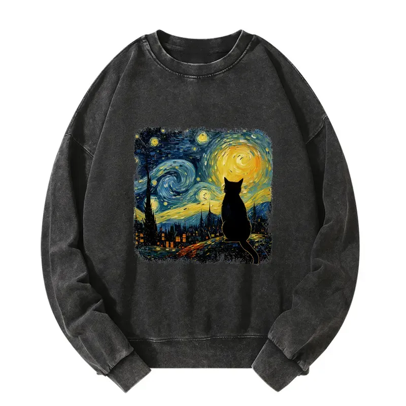 Tokyo-Tiger The Starry Night Cat Washed Sweatshirt