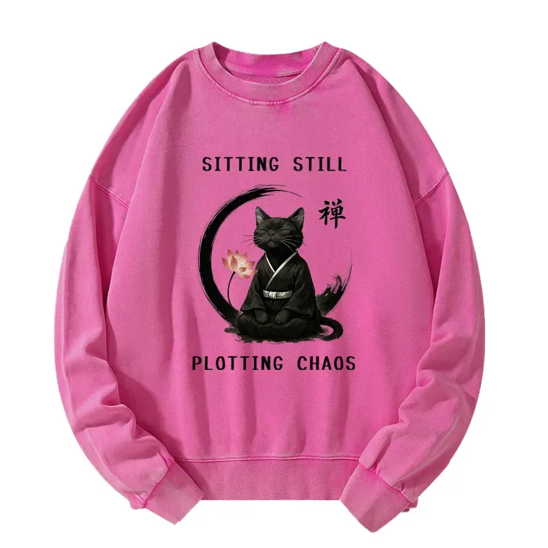 Tokyo-Tiger Sitting still  plotting chaos Calming Zen Cat Funny Washed Sweatshirt