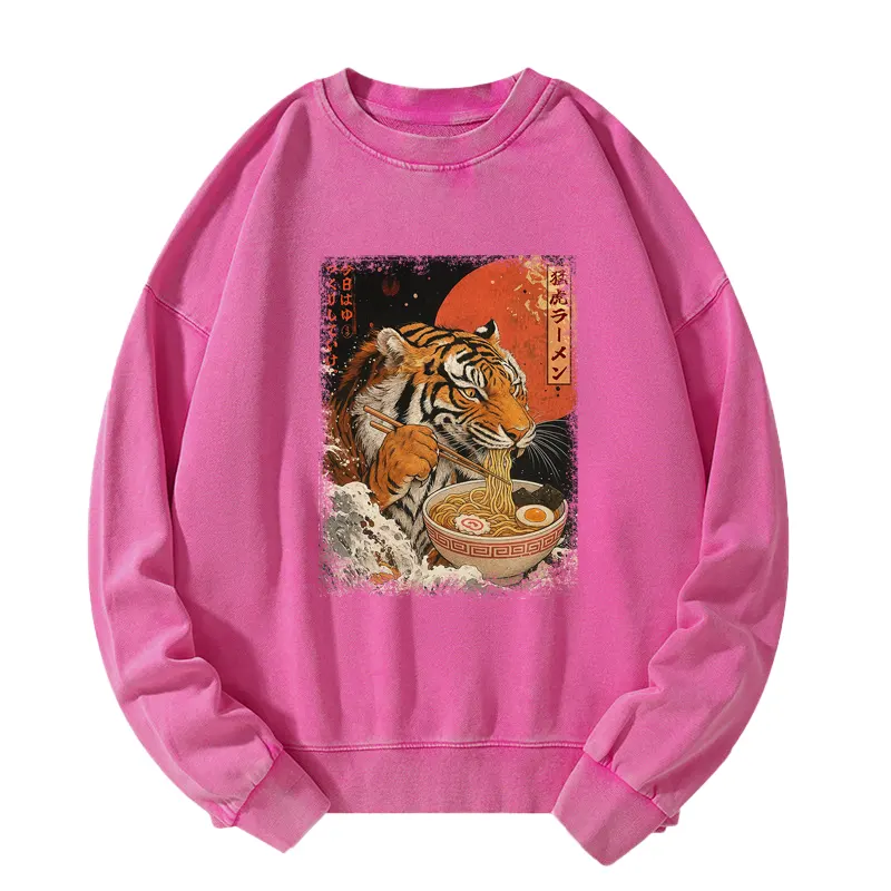 Tokyo-Tiger Ukiyoe Japan Tiger Eating Ramen Washed Sweatshirt