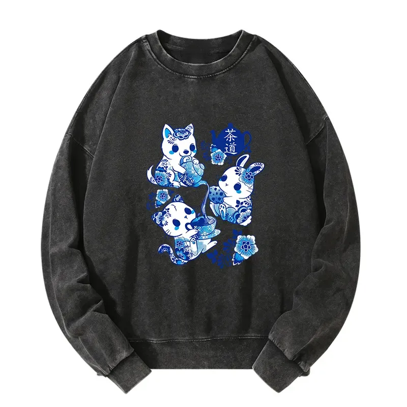 Tokyo-Tiger Blue And White Porcelain Washed Sweatshirt