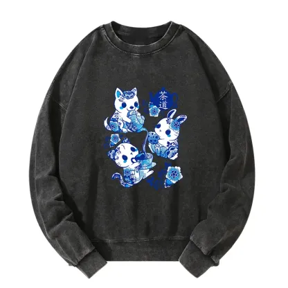 Tokyo-Tiger Blue And White Porcelain Washed Sweatshirt