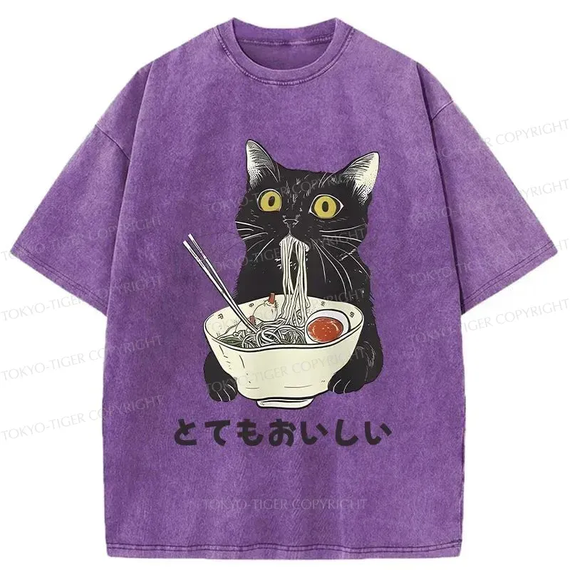 Tokyo-Tiger Cats Eat Ramen Noodles Washed T-Shirt