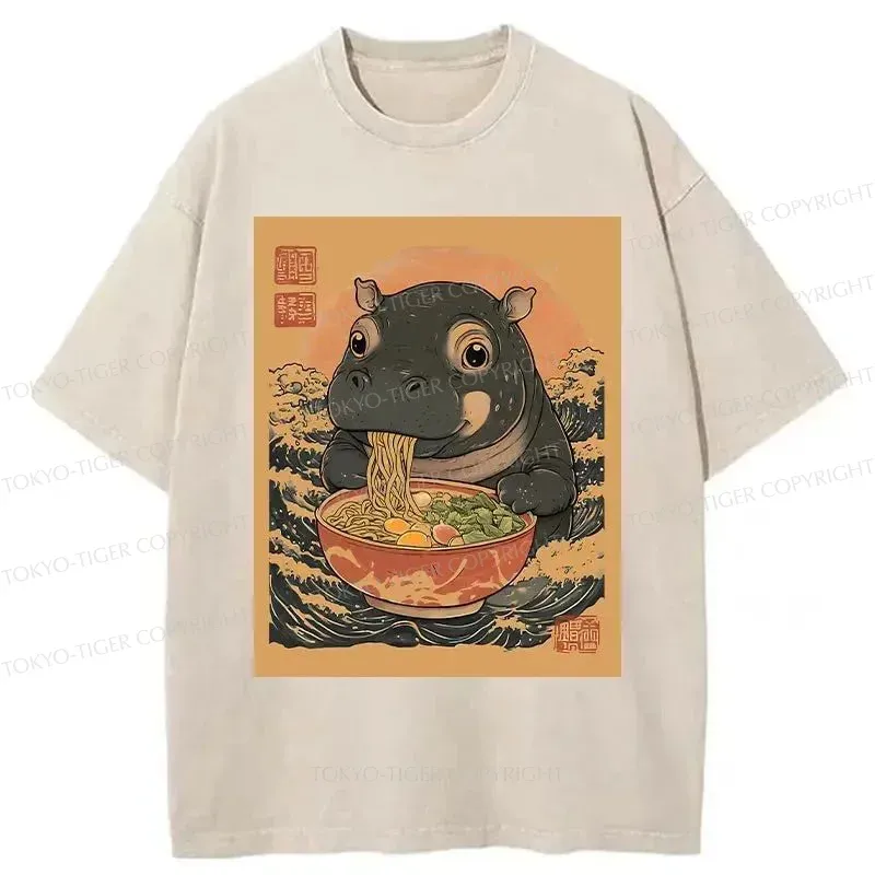 Tokyo-Tiger Moo Deng Eat Ramen Washed T-Shirt