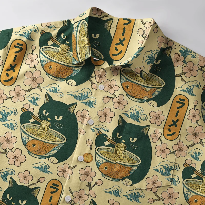 Tokyo-Tiger Ramen Lover Cat Button-up Shirt