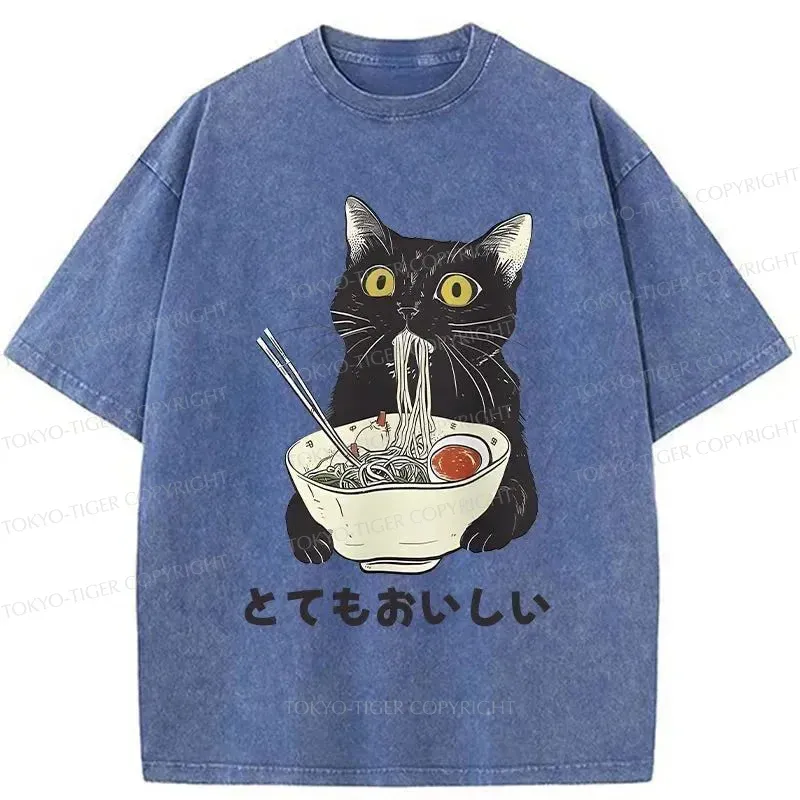 Tokyo-Tiger Cats Eat Ramen Noodles Washed T-Shirt