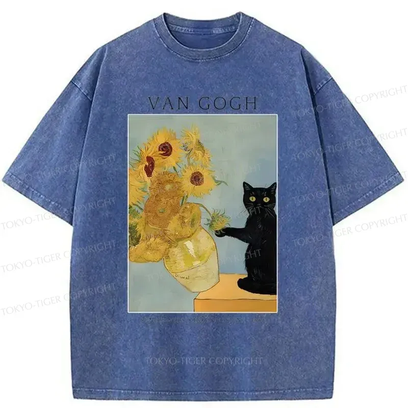 Tokyo-Tiger Black Cat With Sunflowers Washed T-Shirt
