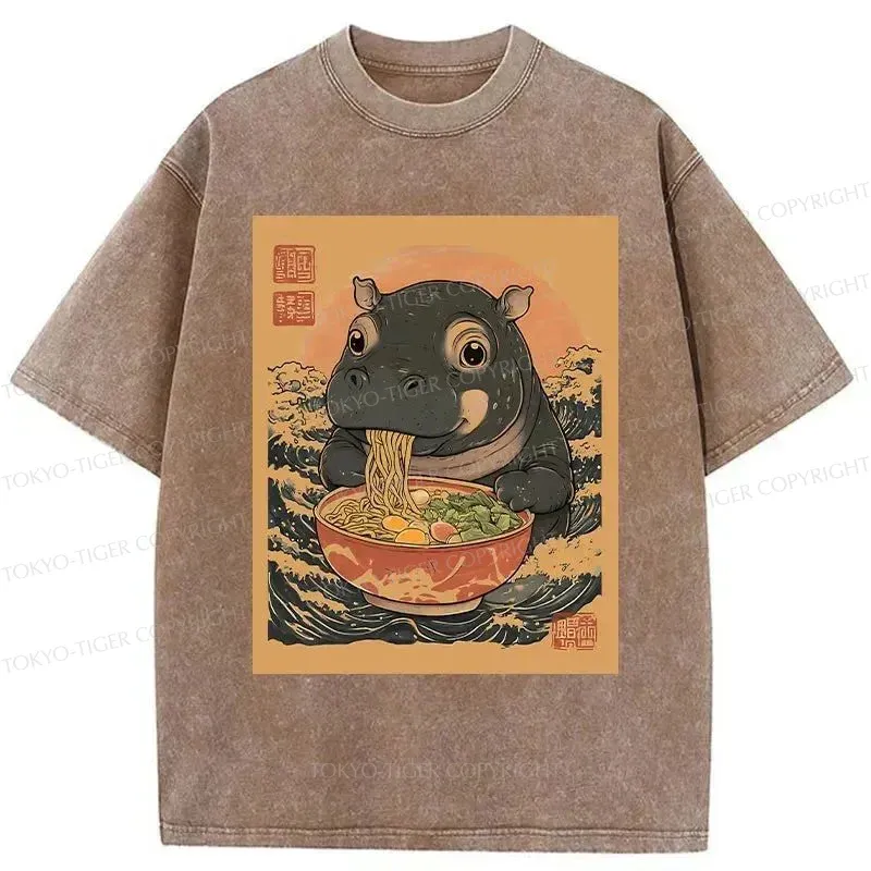 Tokyo-Tiger Moo Deng Eat Ramen Washed T-Shirt