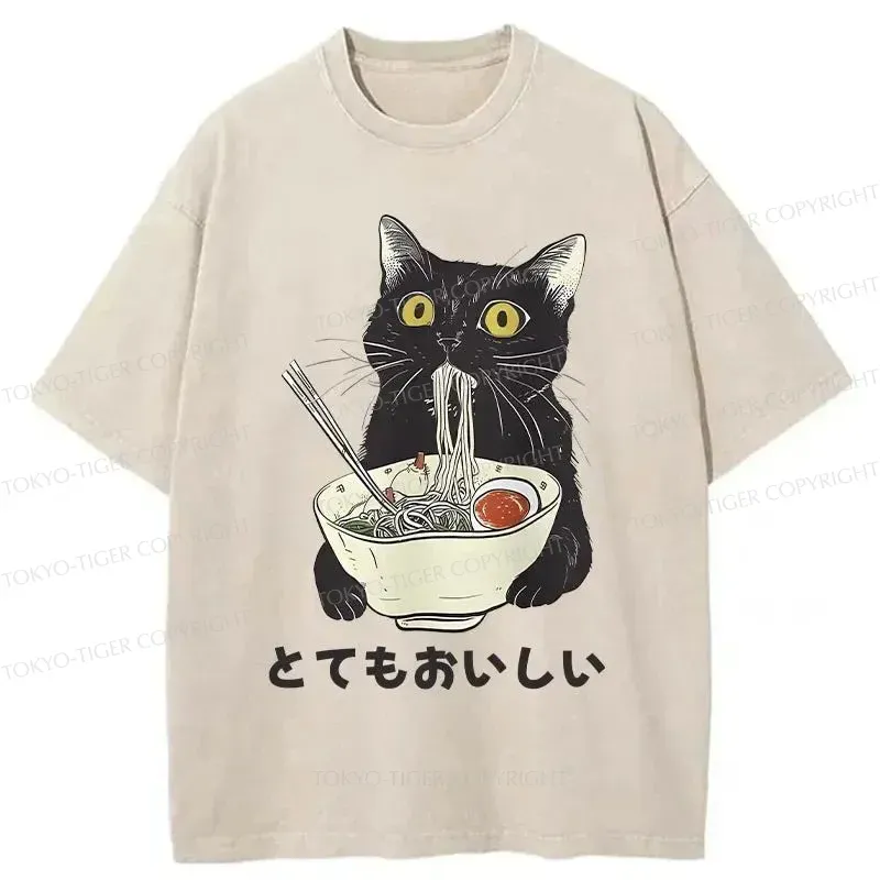 Tokyo-Tiger Cats Eat Ramen Noodles Washed T-Shirt