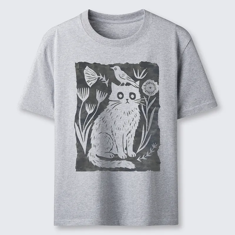 Tokyo-Tiger Folk Paper Cut Cat Bird Floral Art Classic T-Shirt