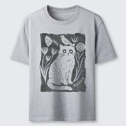 Tokyo-Tiger Folk Paper Cut Cat Bird Floral Art Classic T-Shirt