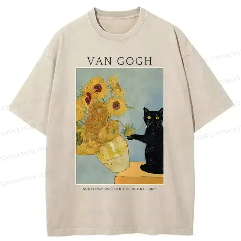 Tokyo-Tiger Black Cat With Sunflowers Washed T-Shirt
