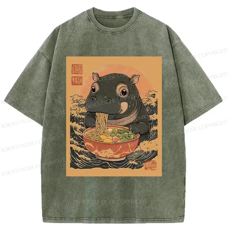 Tokyo-Tiger Moo Deng Eat Ramen Washed T-Shirt