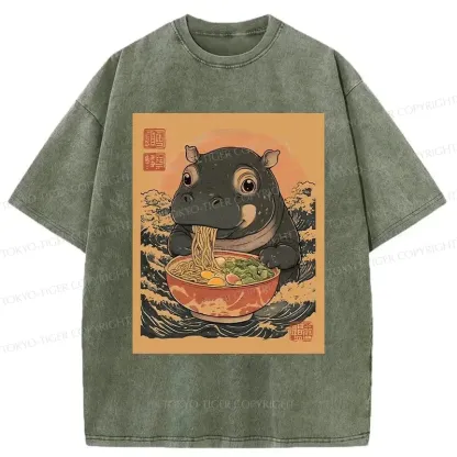 Tokyo-Tiger Moo Deng Eat Ramen Washed T-Shirt