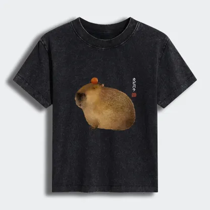 Tokyo-Tiger Calm Capybara Illustration Women's Washed T-shirt