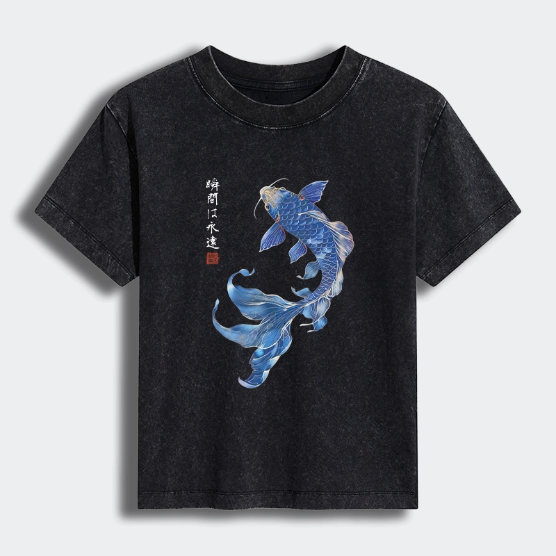 Tokyo-Tiger Lucky Blue Koi Fish Art Women's Washed T-shirt