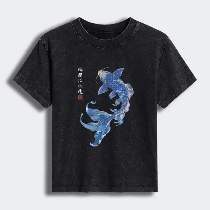 Tokyo-Tiger Lucky Blue Koi Fish Art Women's Washed T-shirt