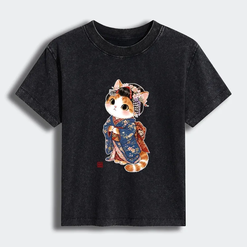 Tokyo-Tiger Cat Dressed As A Geisha Funny Women's Washed T-shirt