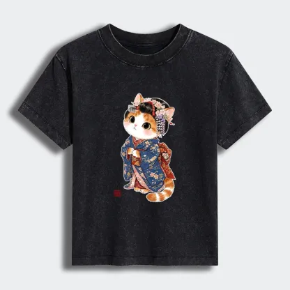 Tokyo-Tiger Cat Dressed As A Geisha Funny Women's Washed T-shirt