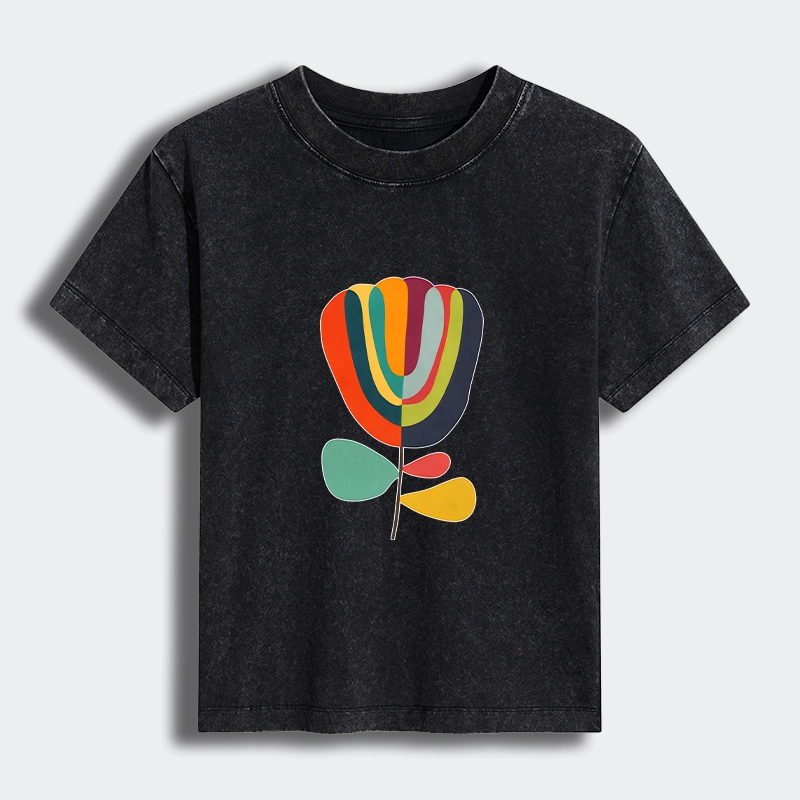 Tokyo-Tiger Colorful Flower Minimalist Print Women's Washed T-shirt
