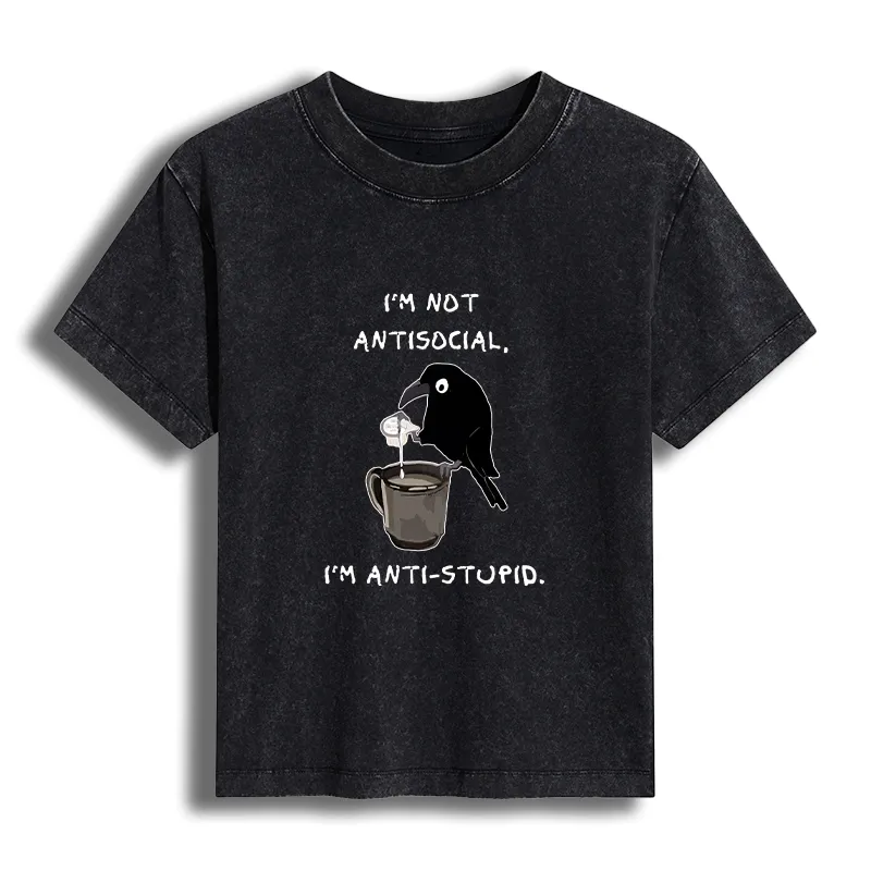 Tokyo-Tiger Cool Crow Sips Calm Coffee Alone Women's Washed T-shirt