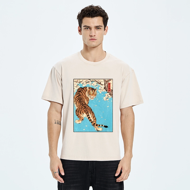 Tokyo-Tiger Fierce Tiger And Sakura Petals Washed T-Shirt
