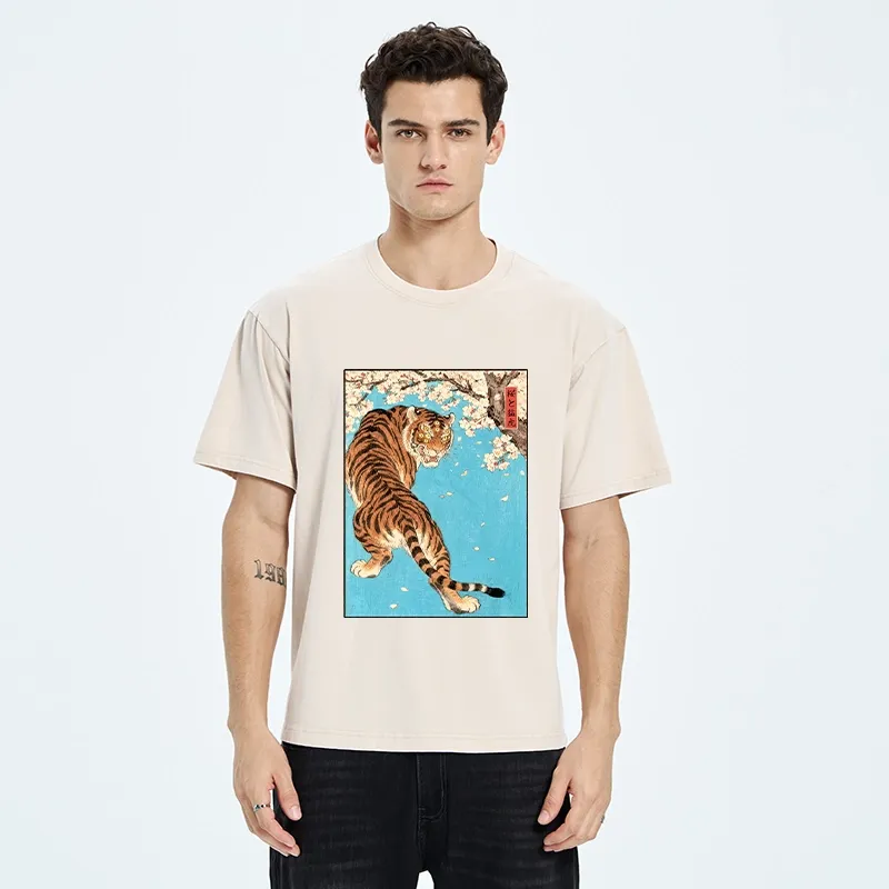 Tokyo-Tiger Fierce Tiger And Sakura Petals Washed T-Shirt