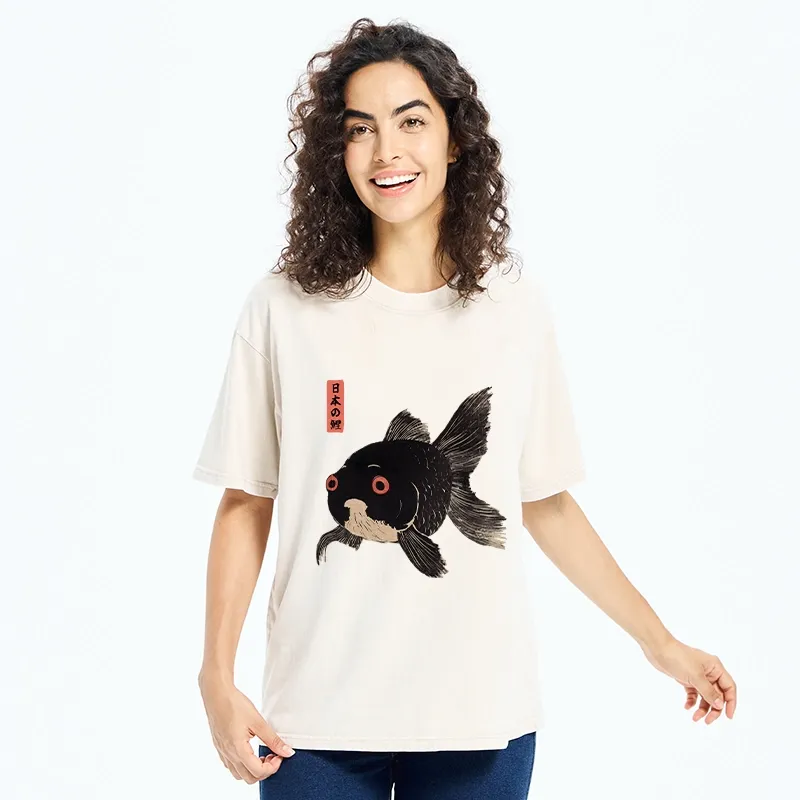 Tokyo-Tiger Japanese Black Goldfish Art Washed T-Shirt
