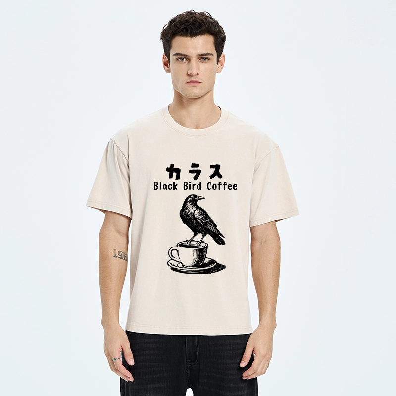 Tokyo-Tiger Black Bird Coffee Break Meme Washed T-Shirt