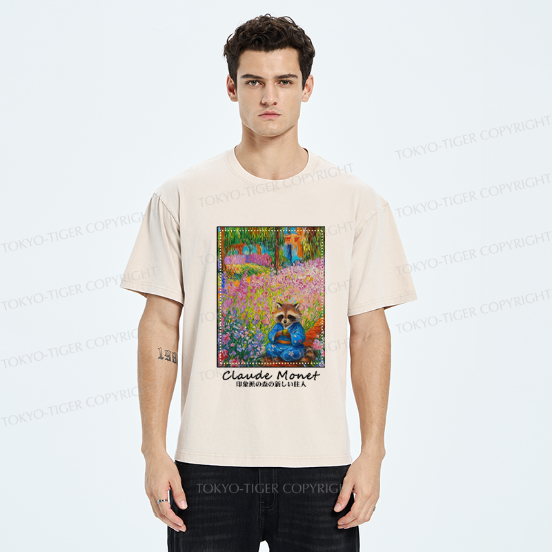 Tokyo-Tiger Impressionist Raccoon Garden Tea Washed T-Shirt