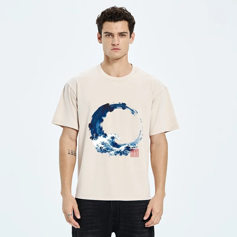 Tokyo-Tiger Zen Circle Blue Wave Art Washed T-Shirt