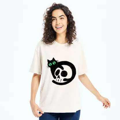 Tokyo-Tiger Spooky Black Cat Skull Meme Washed T-Shirt