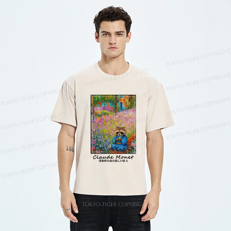 Tokyo-Tiger Impressionist Raccoon Garden Tea Washed T-Shirt