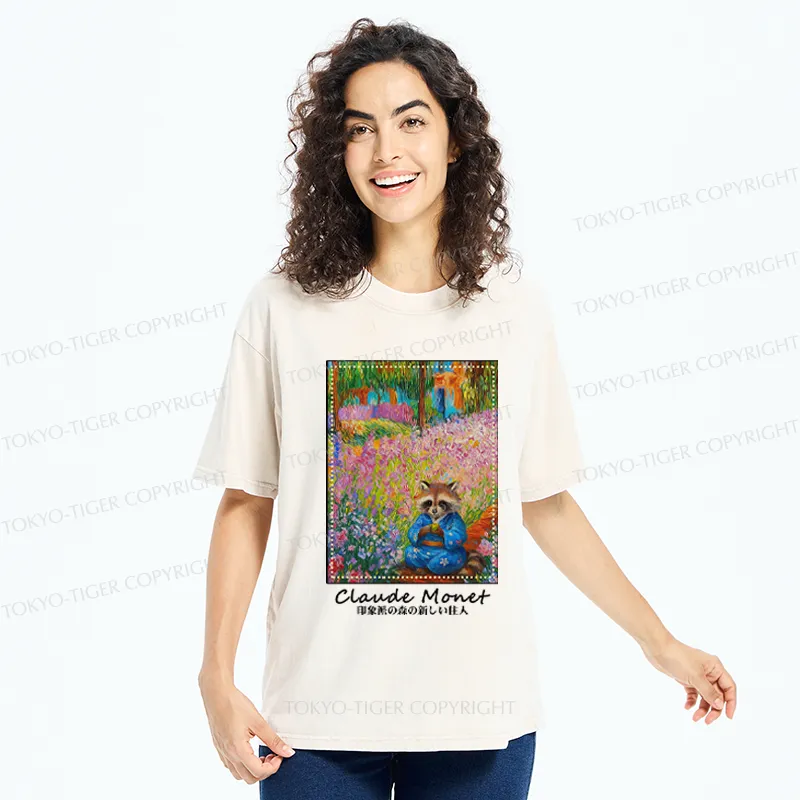 Tokyo-Tiger Impressionist Raccoon Garden Tea Washed T-Shirt