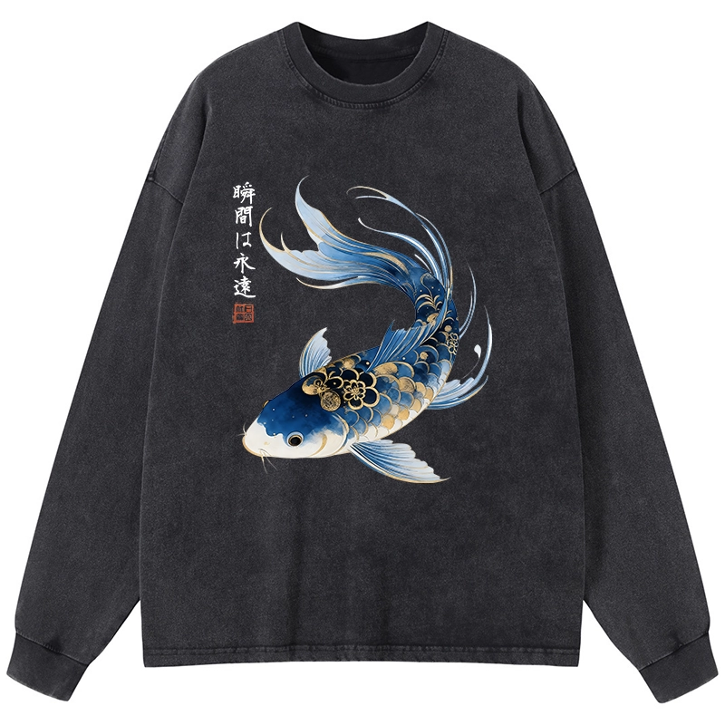 Tokyo-Tiger Elegant Koi Fish Watercolor Art Washed Long Sleeve T-Shirt