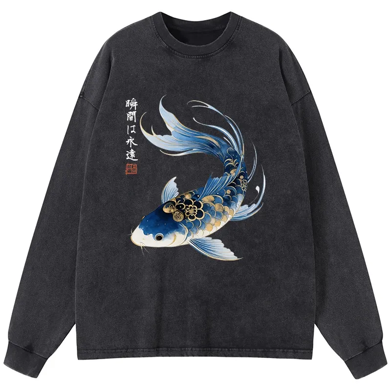 Tokyo-Tiger Elegant Koi Fish Watercolor Art Washed Long Sleeve T-Shirt