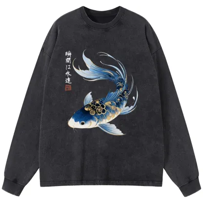 Tokyo-Tiger Elegant Koi Fish Watercolor Art Washed Long Sleeve T-Shirt