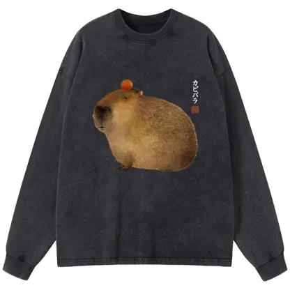 Tokyo-Tiger Calm Capybara Illustration Washed Long Sleeve T-Shirt