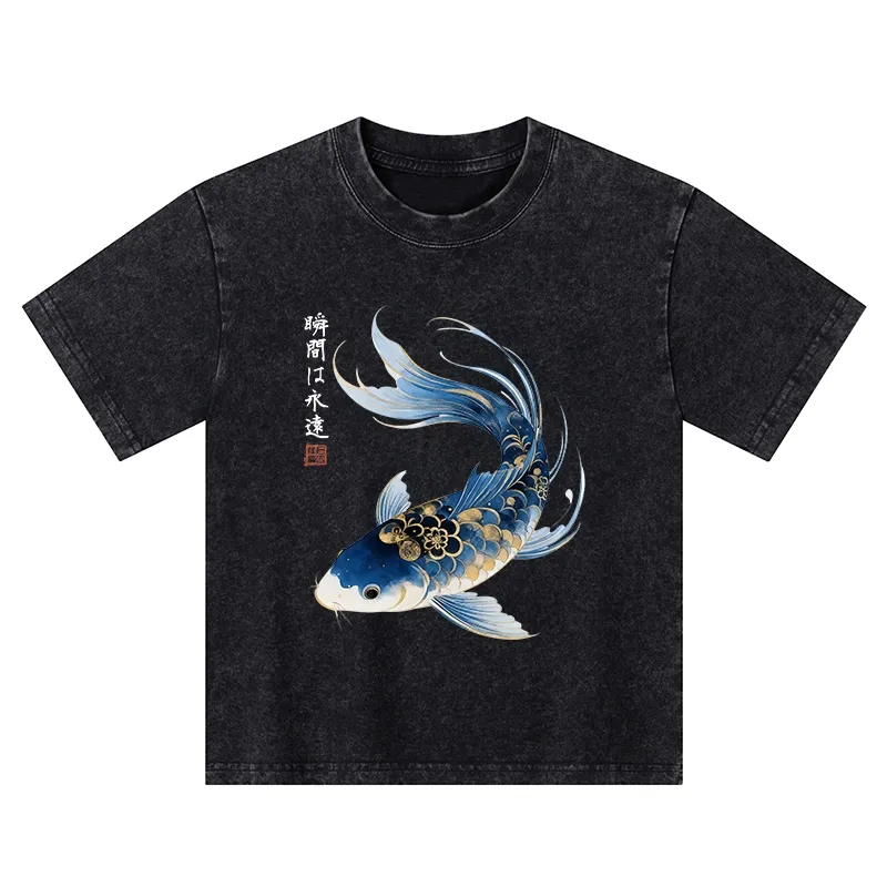 Tokyo-Tiger Elegant Koi Fish Watercolor Art Kids Washed T-Shirt