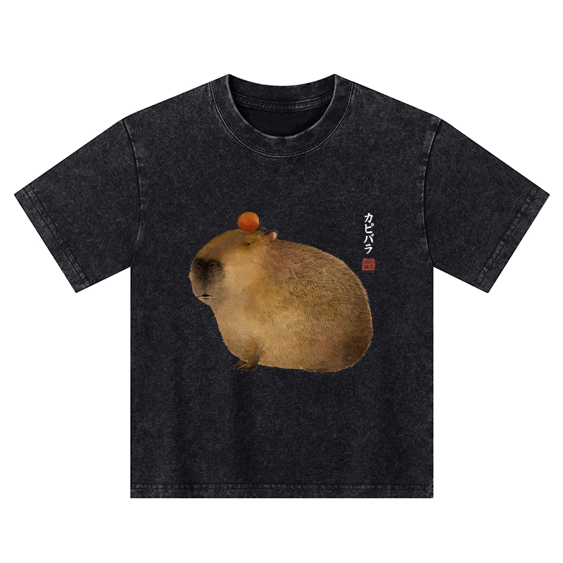 Tokyo-Tiger Calm Capybara Illustrations Kids Washed T-Shirt