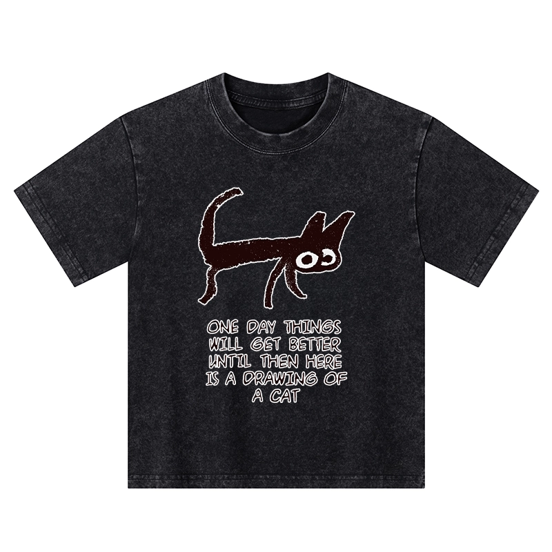 Tokyo-Tiger Cat Cheer Up Drawing Kids Washed T-Shirt