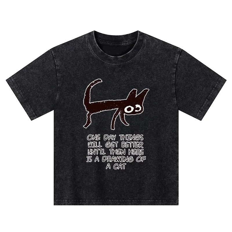 Tokyo-Tiger Cat Cheer Up Drawing Kids Washed T-Shirt