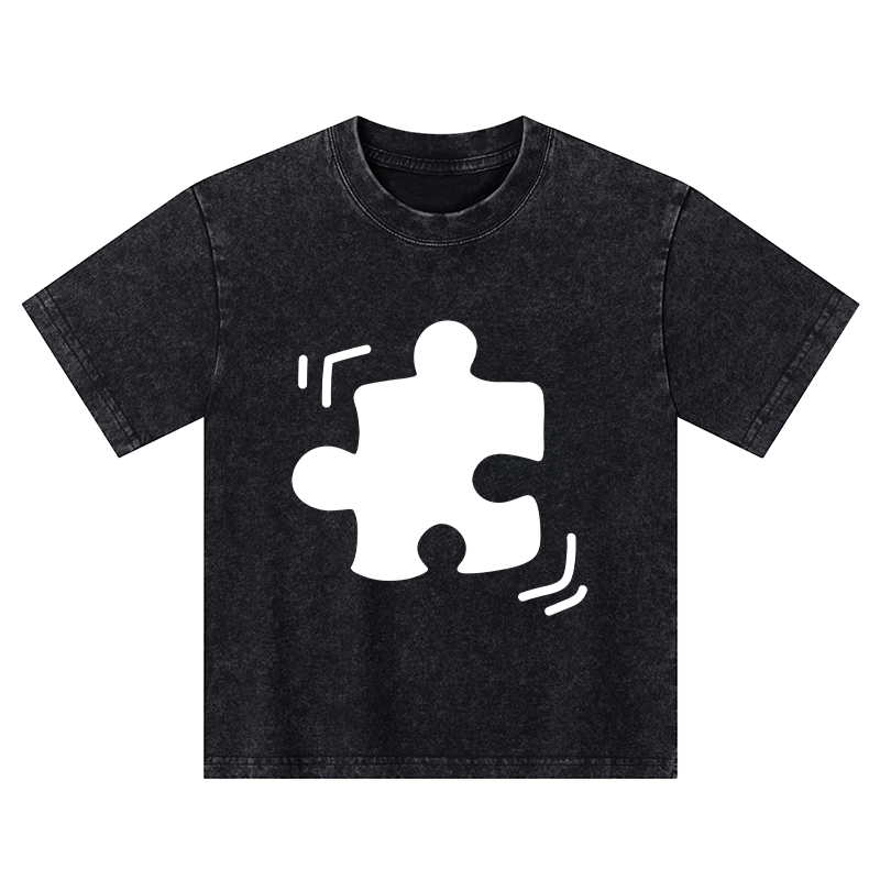 Tokyo-Tiger Black Puzzle Piece Kids Washed T-Shirt