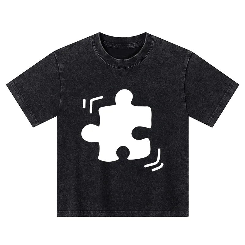 Tokyo-Tiger Black Puzzle Piece Kids Washed T-Shirt